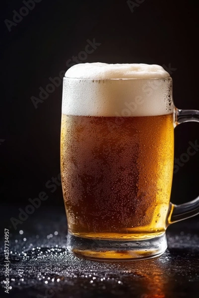 Fototapeta Cold frothy glass of beer with condensation on a dark moody background, refreshing drink with rich golden color