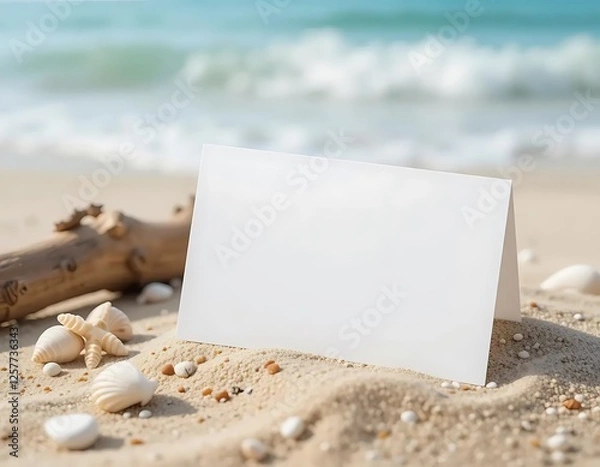 Obraz Summer-themed business card mockup on a sandy beach with seashells and a blurred ocean background, perfect for travel or tourism branding.