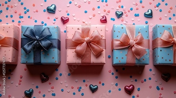 Fototapeta Colorful gift boxes arranged on a pink background with sparkling hearts and confetti for a cheerful celebration