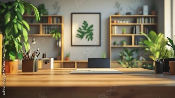 Fototapeta home office, camera view from eye level at desk edge, wooden desk surface 