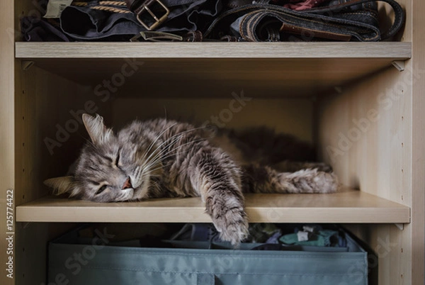 Fototapeta Chewie the cat resting on a wardrobe shelf 1