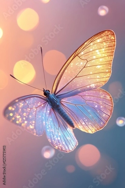 Fototapeta A blue butterfly flying through the air with bubbles in the background