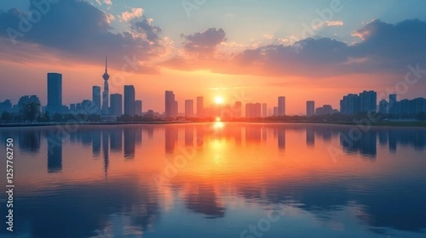 Fototapeta Sunset over a city skyline reflecting on a tranquil lake with colorful clouds in the background