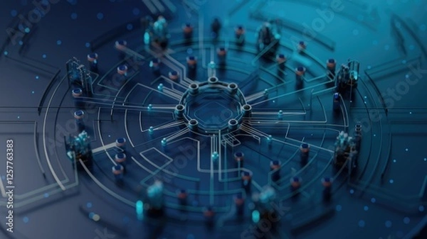 Fototapeta Abstract 3D rendering of a futuristic technological circuit board, showcasing intricate connections and glowing nodes.