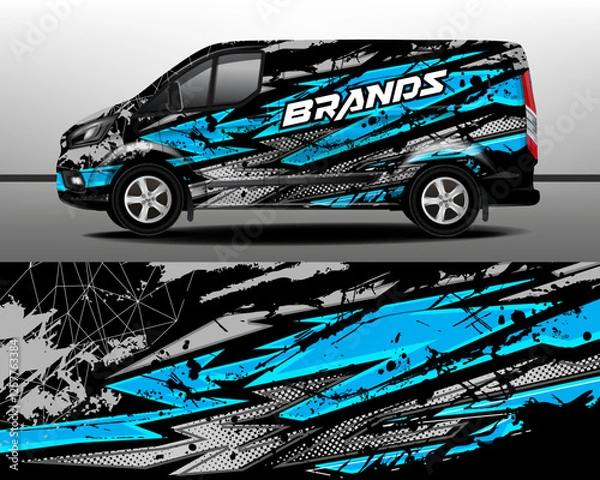 Fototapeta Cargo van wrap designs. Graphic abstract grunge stripe designs for adventure and race. Modern camouflage design for vehicle vinyl wrap.