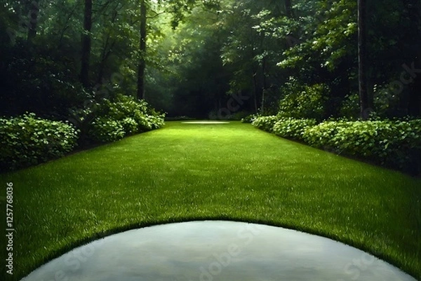 Fototapeta Manicured Geometric Lawn Carpet with Crisp Foliage Borders and Vivid Textures in Modernist Landscape  Pristine and visually striking oil painting with mid 20th century Modernist influence