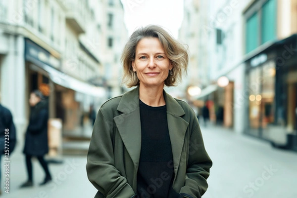 Obraz Portrait of middle aged woman standing on a main street of a city. Fashion style photography