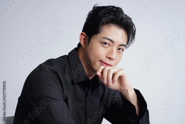 Fototapeta メイクアップをした黒いシャツを着た若い男性のスタイリッシュなポートレート