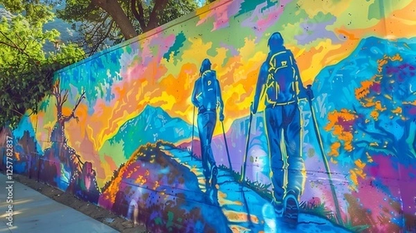Fototapeta A vibrant mural of two friends hiking up a mountain, painted on a wall with a nature trail mockup on the side.