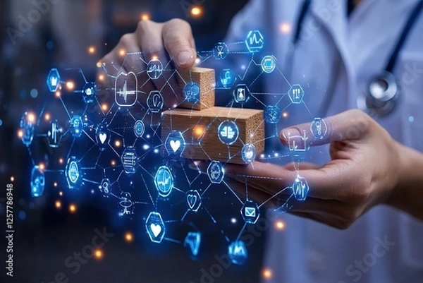 Fototapeta Medical Professional Holding Wooden Blocks with Digital Health Network Overlay