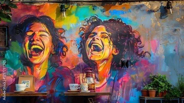 Obraz A vibrant painting of two friends laughing together, painted on a wall, with a cozy cafe mockup on the side.