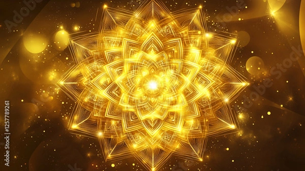 Obraz A detailed mandala with sacred geometry patterns, radiating soft golden light and cosmic energy.