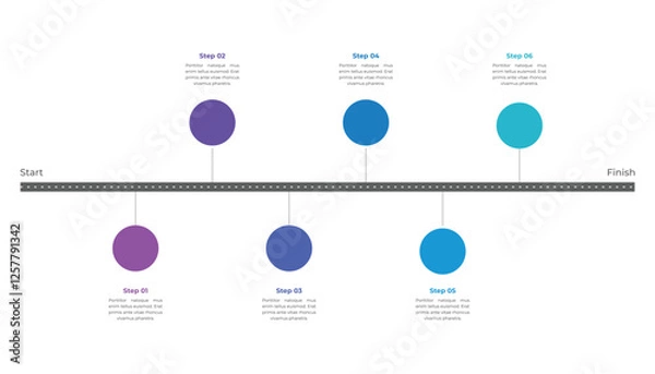 Fototapeta Road map infographic with 6 steps timeline journey.