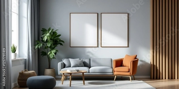 Fototapeta Modern living room, grey sofa, orange armchair, sunlight, minimalist design, home decor