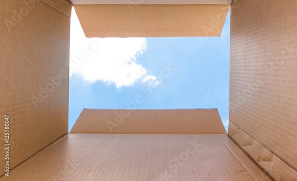 Fototapeta Concept image "Thinking Outside the Box" - Inside a cardboard with clear sky