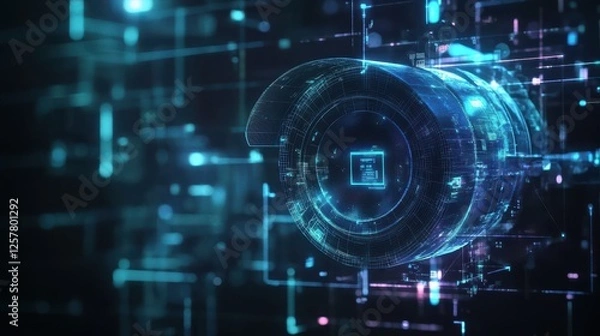 Fototapeta Polygonal security CCTV camera hologram on dark background. Technology and security concept. 3D Rendering