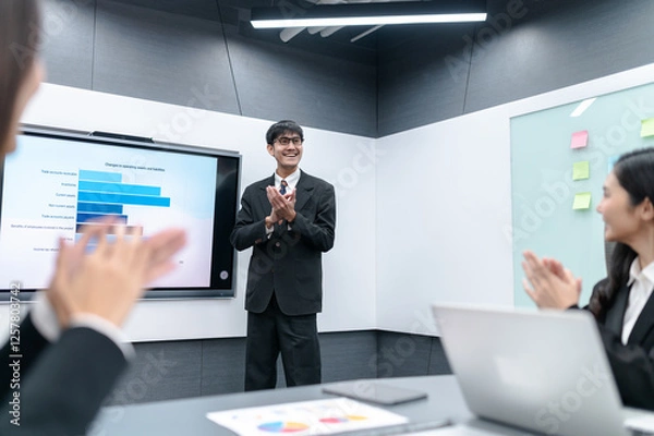 Obraz Businessman, woman and man presenting, office meeting with documents, laptop, sales planning, digital marketing and growth strategy, analysis with colorful charts and graphs about sales planning.