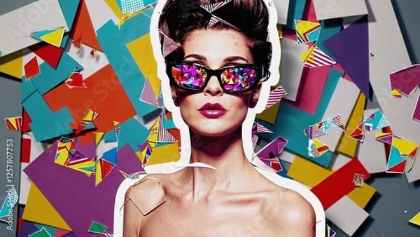 Fototapeta Fashion model is wearing sunglasses reflecting a kaleidoscope of colors and shapes, set against a vibrant backdrop of abstract paper cutouts