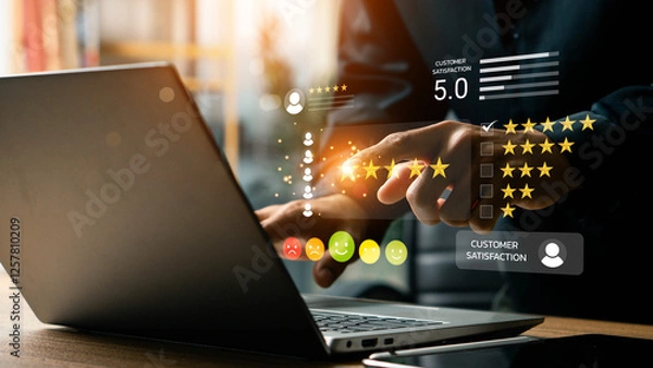 Fototapeta Customer review satisfaction feedback survey concept, User give rating to service experience on online application, comment and feedback review for quality, Business reputation ranking from buyers