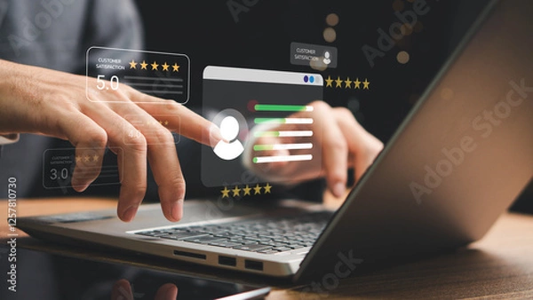 Fototapeta Customer review satisfaction feedback survey concept, User give rating to service experience on online application, comment and feedback review for quality, Business reputation ranking from buyers