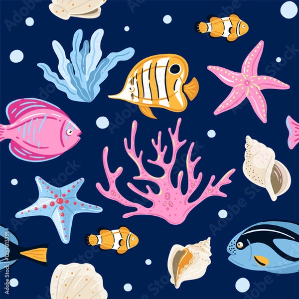 Fototapeta Vector seamless pattern with fish and corals. Nautical pattern, coral reef