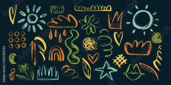 Fototapeta Colorful Set of Grunge Charcoal and Pencil Girly Sketches. Hand drawn design doodle shapes. Creative playful banner with graffiti abstract elements