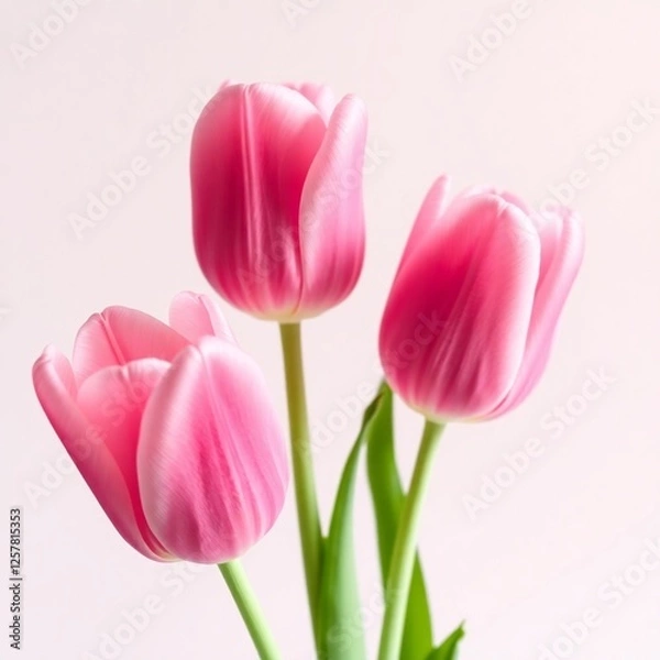 Fototapeta High-resolution stock photo  A trio of pink tulips, slightly blurred background, monochromatic pink theme.  Minimalist, elegant, commercially viable image, professional quality