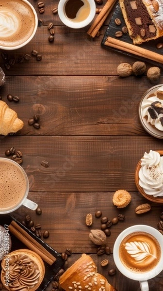 Fototapeta Cozy coffee and pastry arrangement on rustic wooden table with cinnamon and nuts