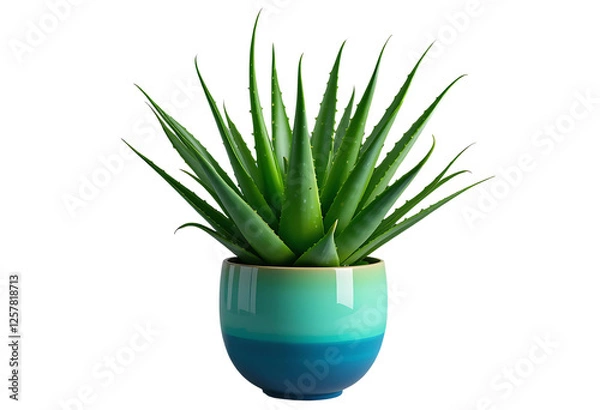 Fototapeta A Aloe Vera plant with vibrant green leaves displayed in a colorful ceramic pot isolated in white background for home decoration 