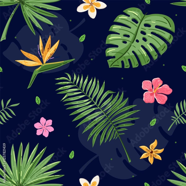 Fototapeta Tropical seamless pattern with palm leaves and flowers. Vector seamless summer pattern.