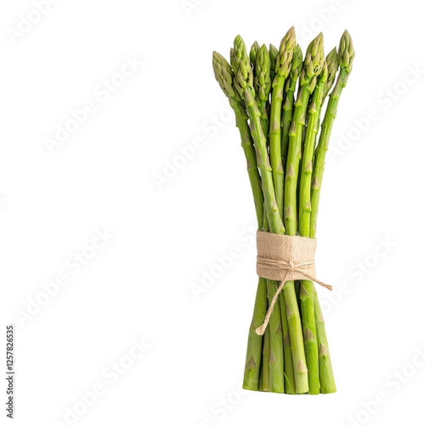 Fototapeta Fresh bunch of asparagus tied with twine on a white isolated background.