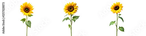 Fototapeta Three vibrant sunflowers transparent background, PNG. A close-up, studio shot of three isolated sunflowers with detailed petals and leaves.