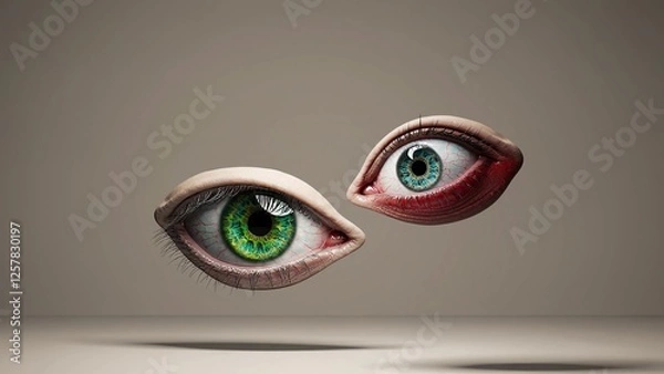 Fototapeta Two vividly colored eyes float against a neutral background, creating a surreal and intriguing visual. The eyes, one green and one blue, are detailed with realistic textures and shadows