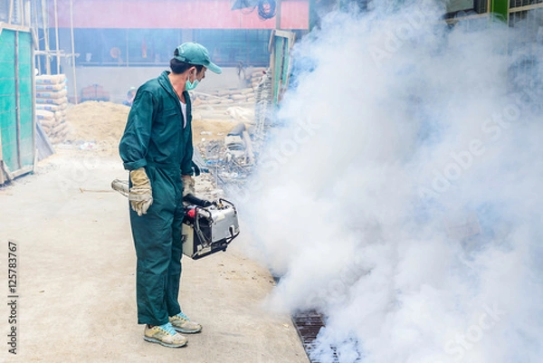 Fototapeta Man work fogging to eliminate mosquito for prevent spread dengue fever and zika virus