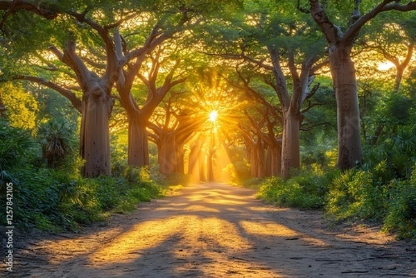 Fototapeta Serene Sunlit Pathway Through Majestic Baobab Trees at Sunrise