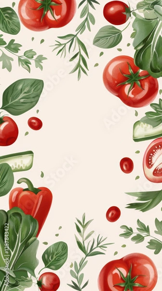 Fototapeta Fresh vegetable frame with tomatoes, herbs, greens, and peppers on light background