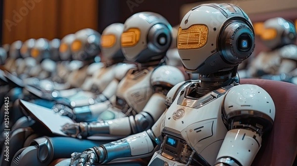 Fototapeta Androids in a modern classroom, engaging with AI-powered educational content, illustrating innovation in technology and education.