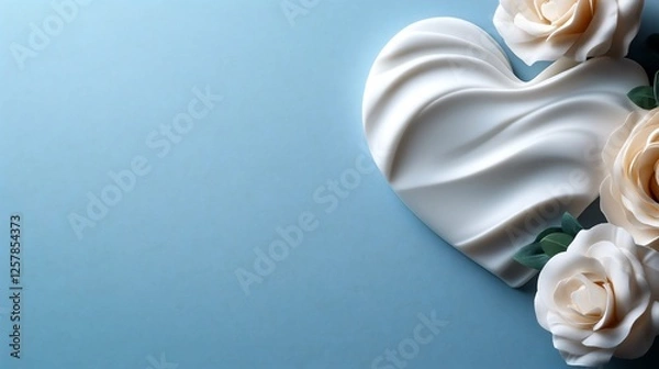 Fototapeta Abstract heart with white roses on pastel blue background concept