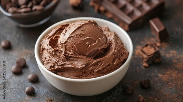 Obraz Rich chocolate ice cream served in a bowl with dark chocolate pieces and cocoa beans on a textured surface, Mocha Mousse trend color
