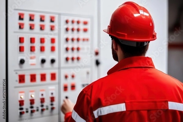 Fototapeta Safety engineer monitoring fire alarm system controls industrial facility action scene indoor environment close-up view safety planning