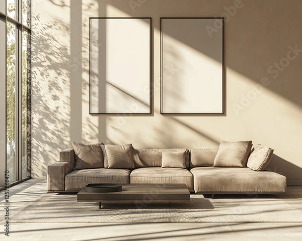 Fototapeta A photo of an empty living room with two blank poster frames on the wall, featuring a modern interior design style. A sofa and coffee table are positioned in front of the frames, with a beige 
