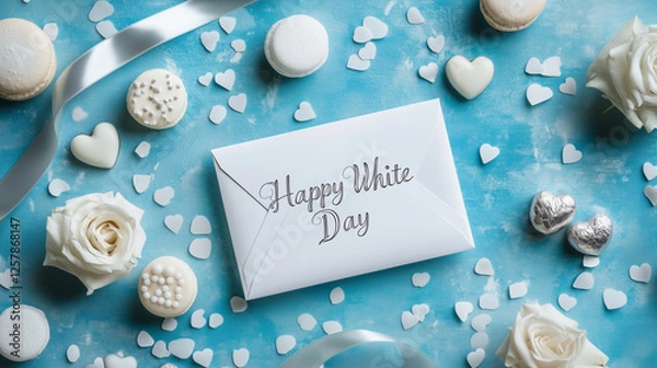 Obraz 白バラとシルバーが輝くホワイトデーの手紙 | 青背景美