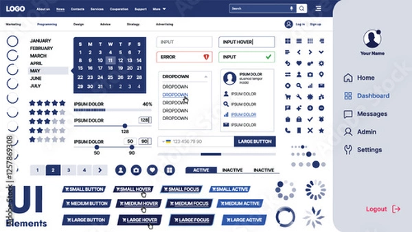 Fototapeta A modern UI kit featuring a collection of buttons, icons, navigation menus, and responsive design elements. Includes login forms, media players, search bars, and calendars, ideal for apps, websites
