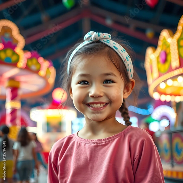 Obraz High resolution, photorealistic, 7-year-old girl, innocent smile, bright eyes, neat headband, amusement park background, colorful colors, lively atmosphere, natural pose, 8K resolution.