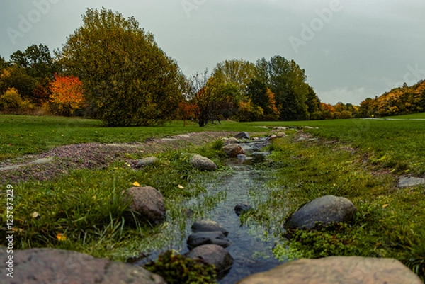 Obraz An autumn-colored park embraces a flowing stream, its waters weaving between rugged rocks