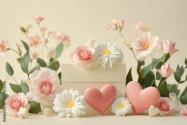 Fototapeta White box with a pink heart on it is surrounded by flowers