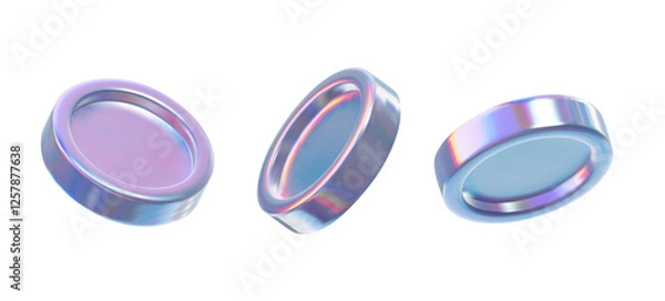 Fototapeta Set of neon coins isolated on transparent background. 3d holographic shape. Render of 3d iridescent coin with rainbow effect