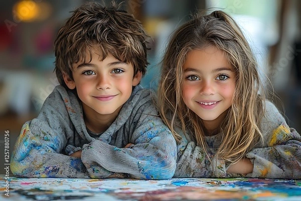 Fototapeta Siblings delve into the world watercolors, their expressions focused and alive with the thrill artistic creation.