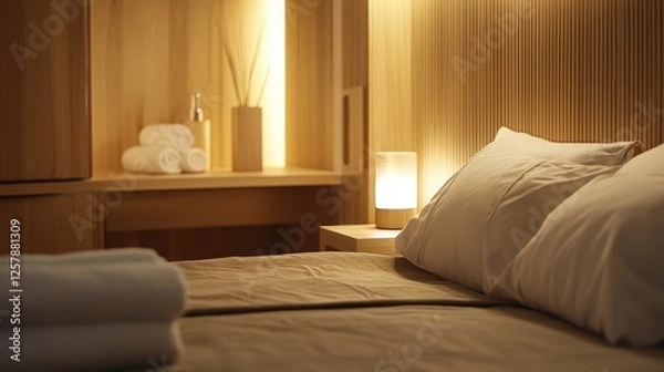 Fototapeta Soft pillows atop a bed and ambient light create a relaxing mood, invoking wellness and tranquility. Suitable for hospitality and lifestyle themes.