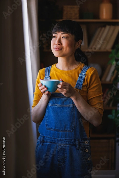 Fototapeta Woman drinking coffee while relaxing at home